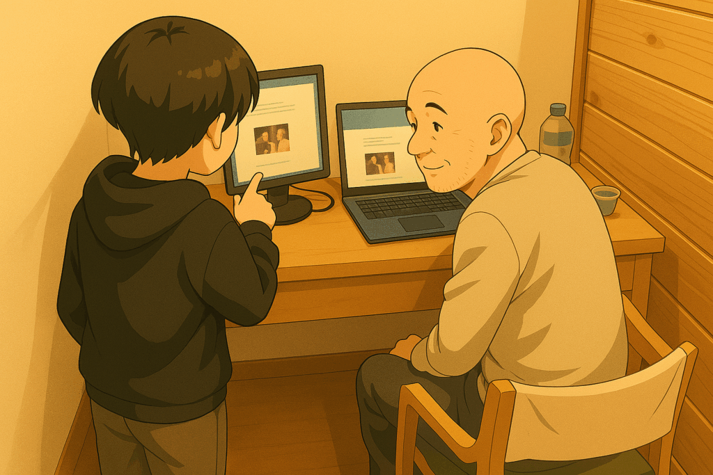 孫がおじいちゃんに教えてる