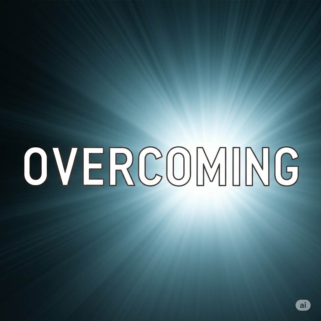 希望に満ちた明るい光が差し込む背景に、力強い英語のフォントで「Overcoming」という文字が、まるで困難を乗り越える意志を示すかのように、はっきりと浮かび上がるイメージを生成します。フォントは太く、力強く、見る人に勇気と前向きな気持ちを与えるようなデザインで表現します。