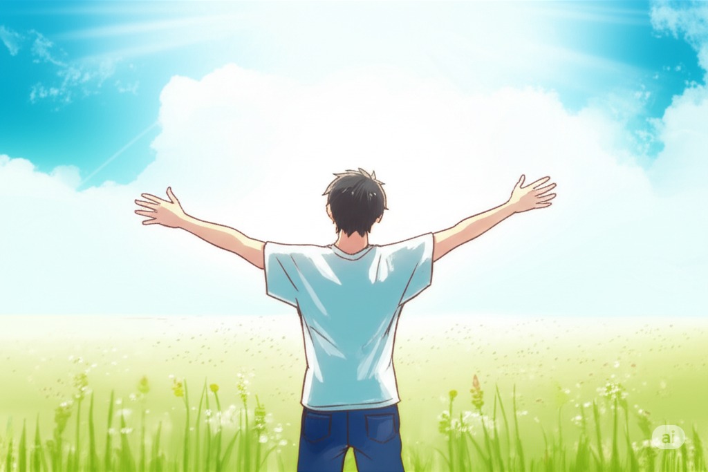 明るい日差しの下、広い草原を前にして、空に向かって両手を伸ばしている人物の姿です。人物の表情は希望に満ちており、未来への期待感が伝わるようにします。背景の空はどこまでも広がり、白い雲がゆっくりと流れています。草原には、そよ風に揺れる草花が描かれ、その中を人物が進んでいく様子を表現します。AIは、その人物の進む道をそっと見守り、避けてくれるような、穏やかで優しい雰囲気を醸し出します。