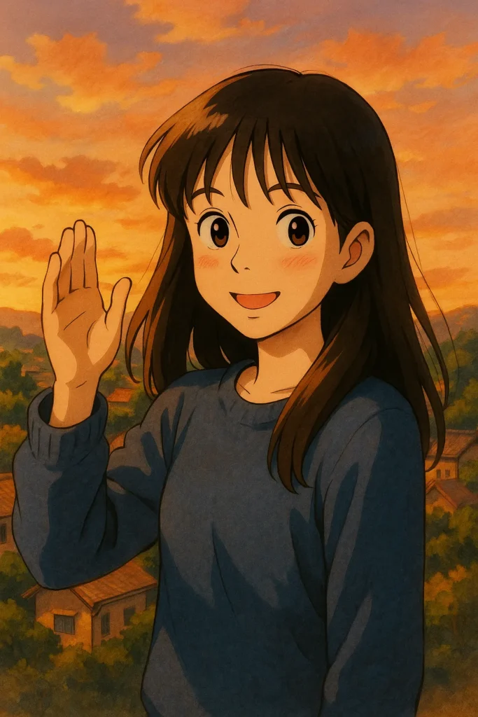 A Studio Ghibli-style illustration of a young Japanese woman with long straight dark hair and full bangs, wearing a cozy blue sweater. She has large expressive eyes, soft pink cheeks, and a gentle smile. She is raising her hand in a playful gesture. The scene is set during golden hour at sunset, with soft orange and pink hues in the sky. The background shows a peaceful Japanese townscape or countryside, bathed in warm evening light. The art style is painterly and emotionally evocative, inspired by "Whisper of the Heart" and "Only Yesterday".
