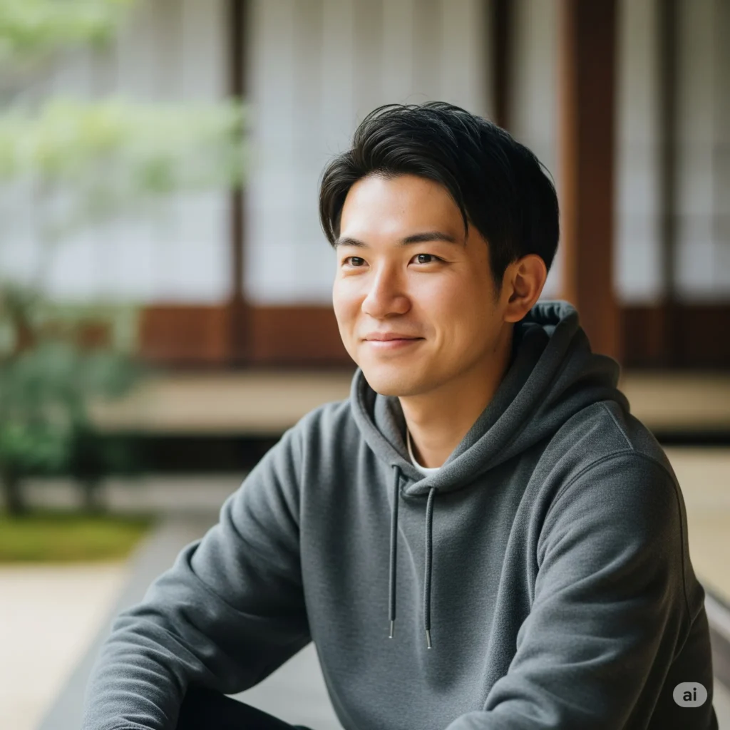 A young Japanese man with a kind expression, wearing a simple hoodie. Smiling gently.