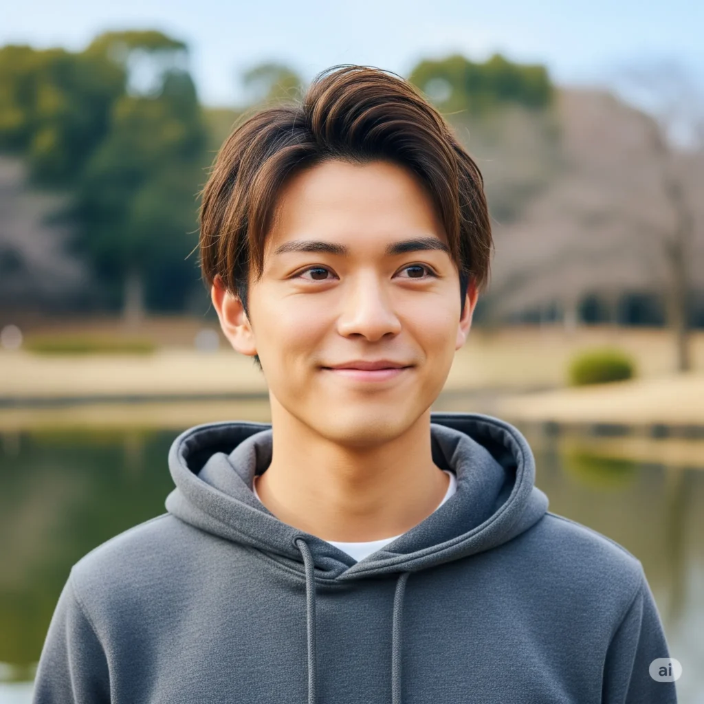 A young Japanese man with a kind expression, wearing a simple hoodie. Smiling gently.gentle yet hopeful eyes