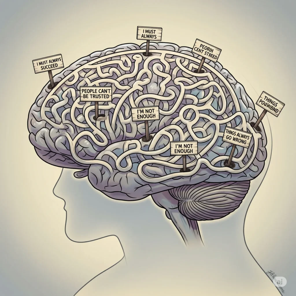 脳の中に迷路のような道が描かれている図

各道に「〇〇すべき」「いつも△△になる」「人は✕✕だ」といった小さな標識が立っている

